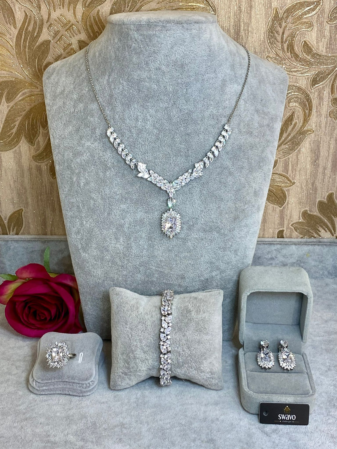 Clear Square Necklace Palladium Plated CZ Set image 0