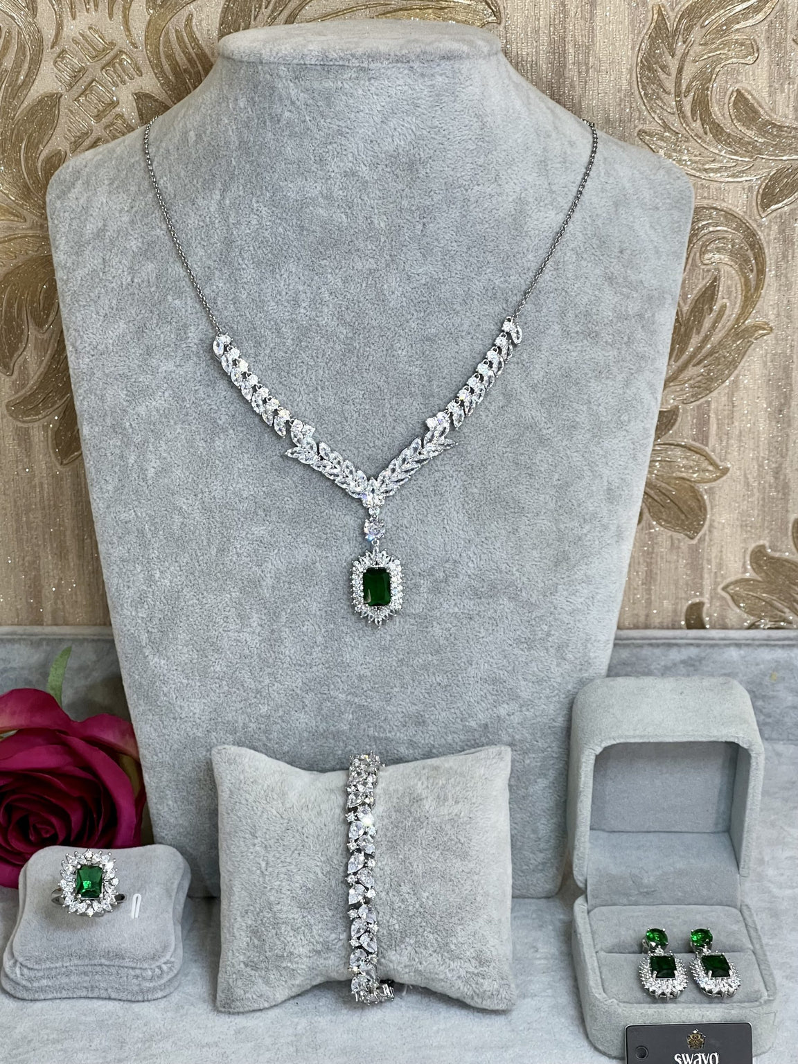Emerald Square Necklace Palladium Plated CZ Set image 0
