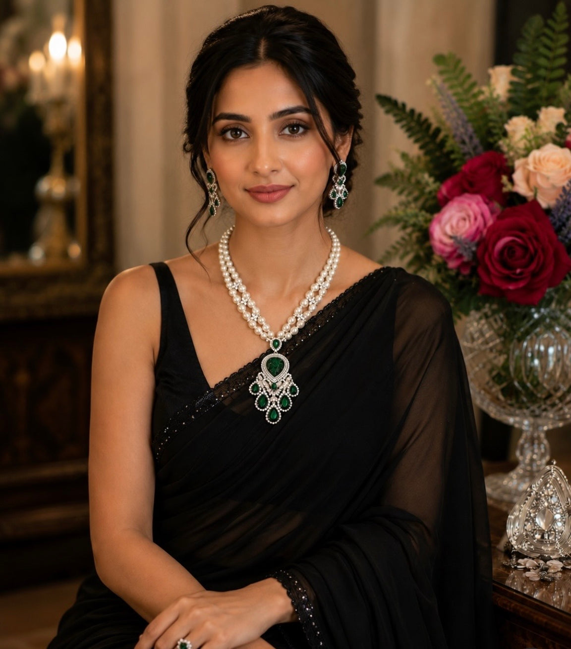 Carved Emerald & Pearl Set