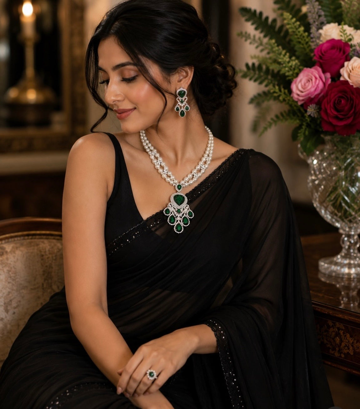 Carved Emerald & Pearl Set