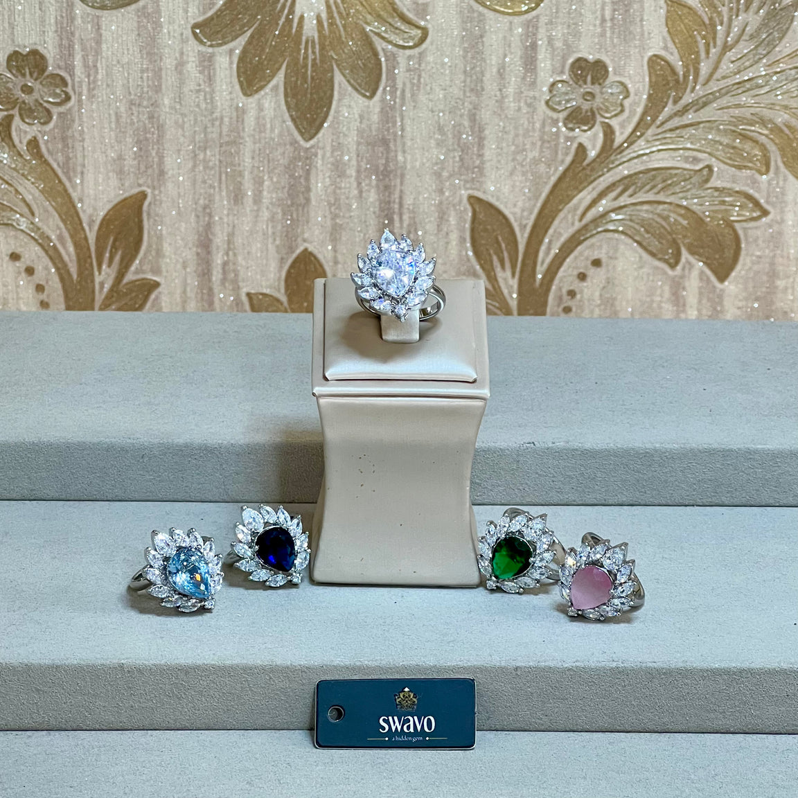 Havana Teardrop Silver Ring With Clear Stones