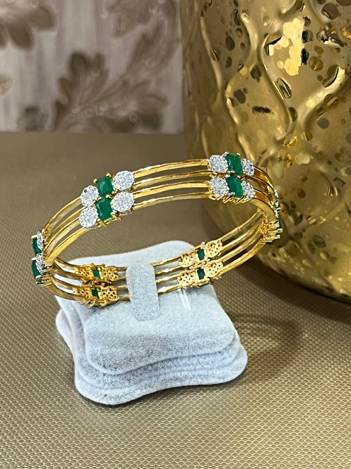 Gold & Emerald Intricate Bangles