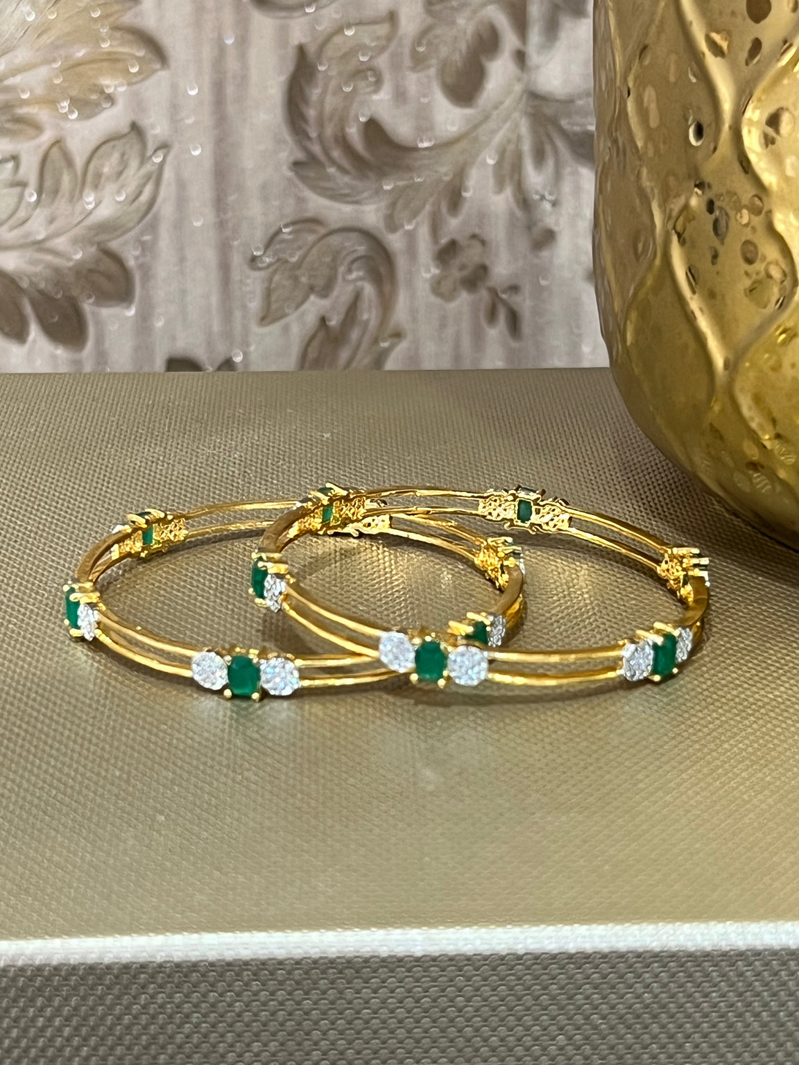 Gold & Emerald Intricate Bangles
