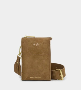 Katie Loxton Avery Slim Crossbody Bag in Caramel Quilted Suedette