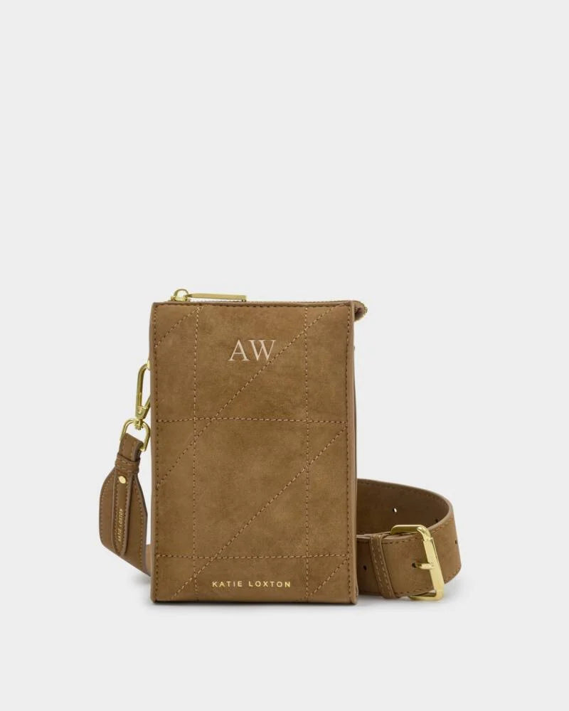 Katie Loxton Avery Slim Crossbody Bag in Caramel Quilted Suedette