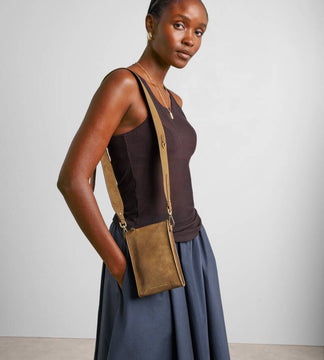 Katie Loxton Avery Slim Crossbody Bag in Caramel Quilted Suedette