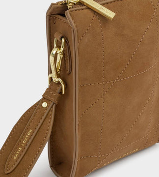 Katie Loxton Avery Slim Crossbody Bag in Caramel Quilted Suedette