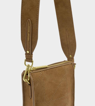Katie Loxton Avery Slim Crossbody Bag in Caramel Quilted Suedette