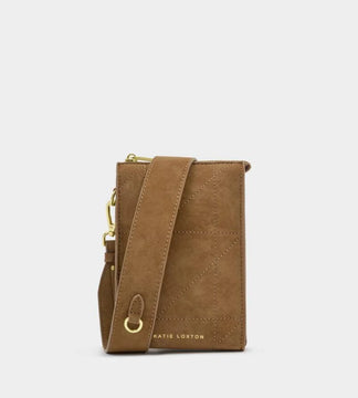 Katie Loxton Avery Slim Crossbody Bag in Caramel Quilted Suedette