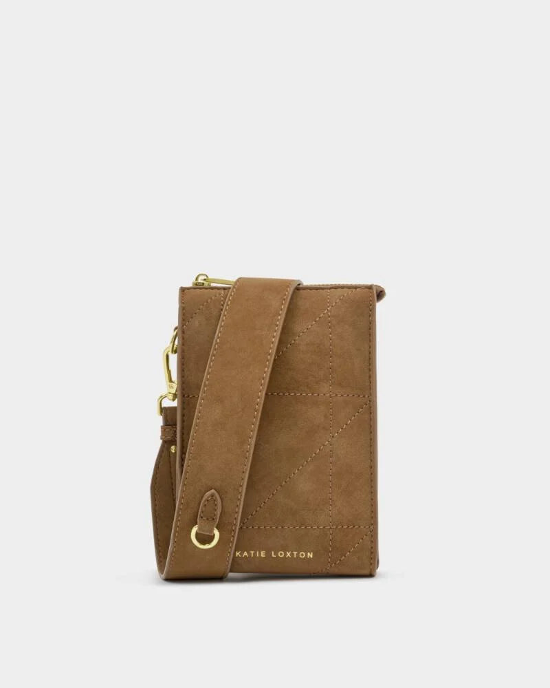 Katie Loxton Avery Slim Crossbody Bag in Caramel Quilted Suedette