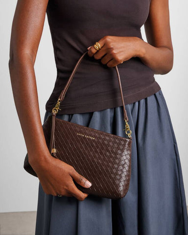 Katie Loxton Nova Small Woven Shoulder Bag In Dark Chocolate