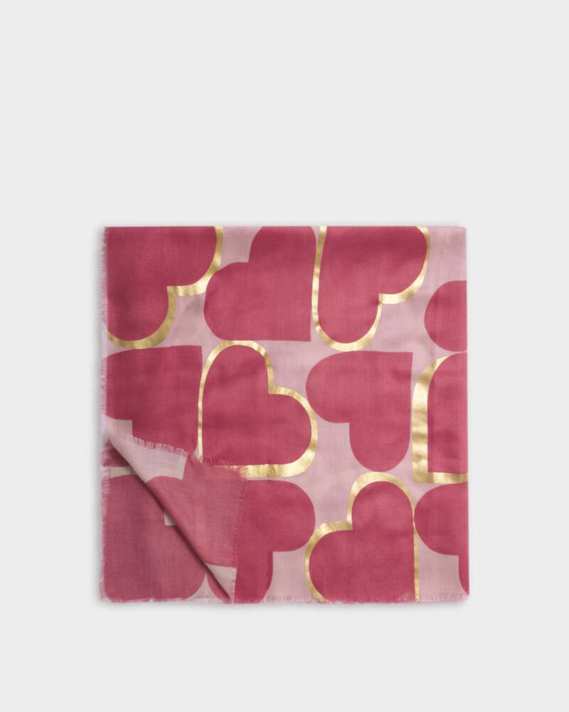 Katie Loxton Printed Foil Scarf Heart In Raspberry Pink & Gold